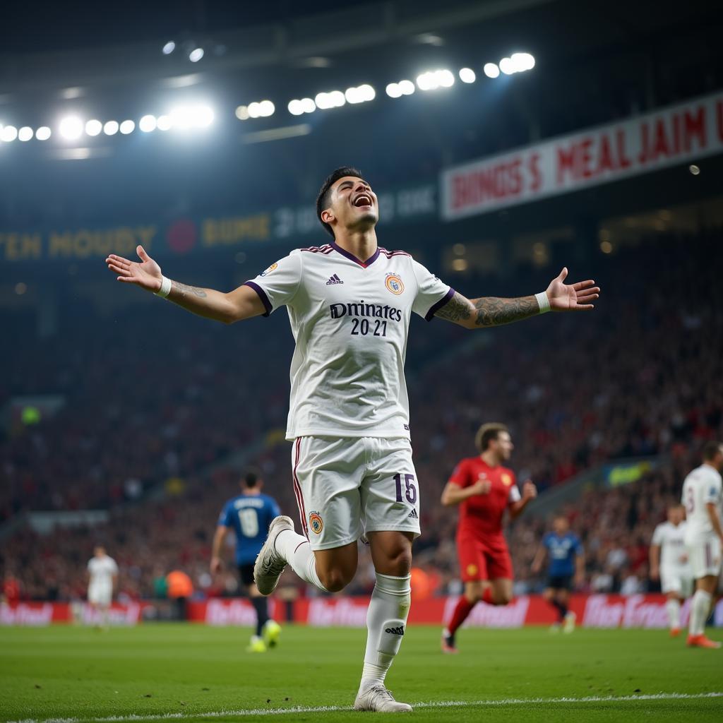 Yamal celebrating a goal, arms raised in victory.