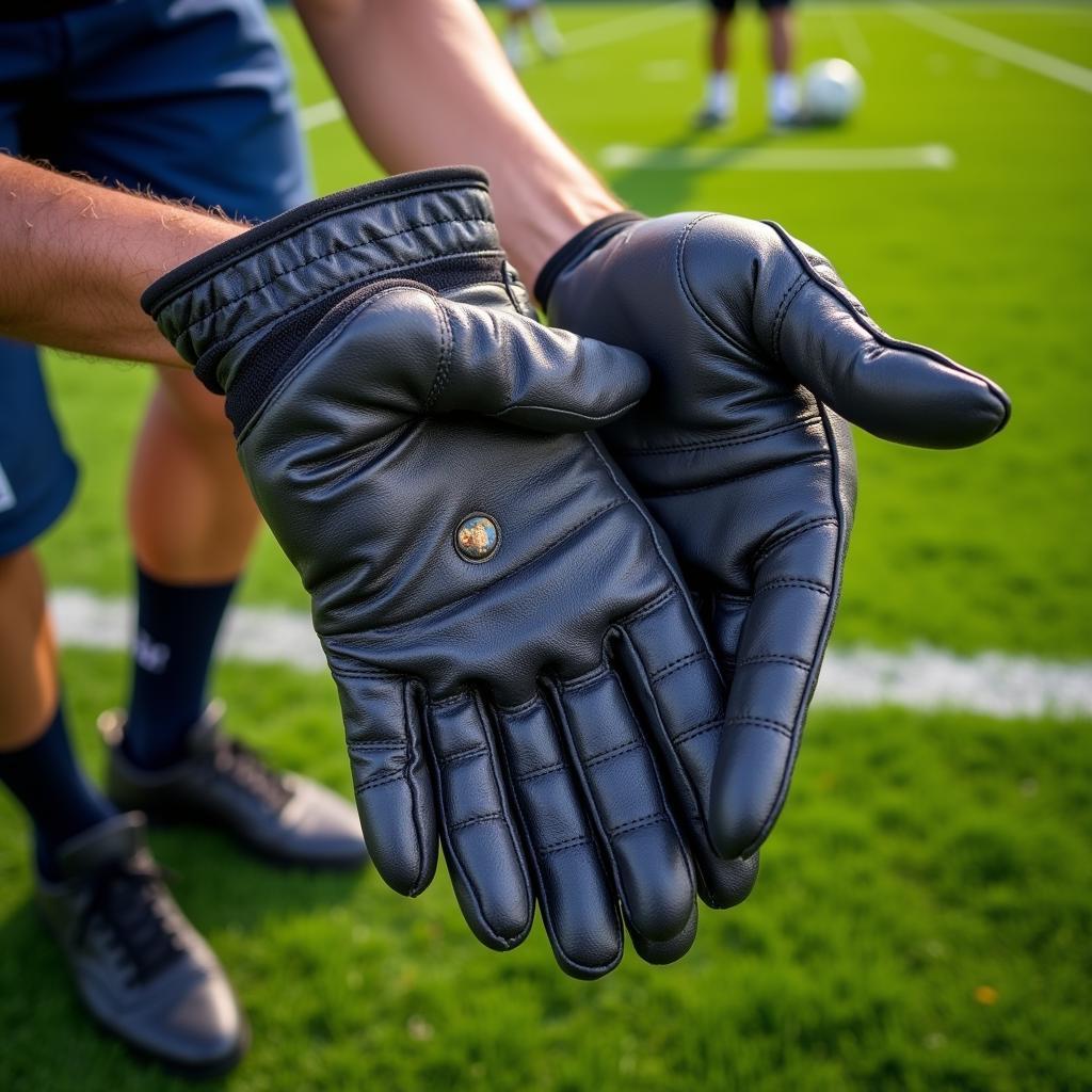 Yamal carefully examines a pair of used football gloves, checking the palms, fingers, and overall condition.