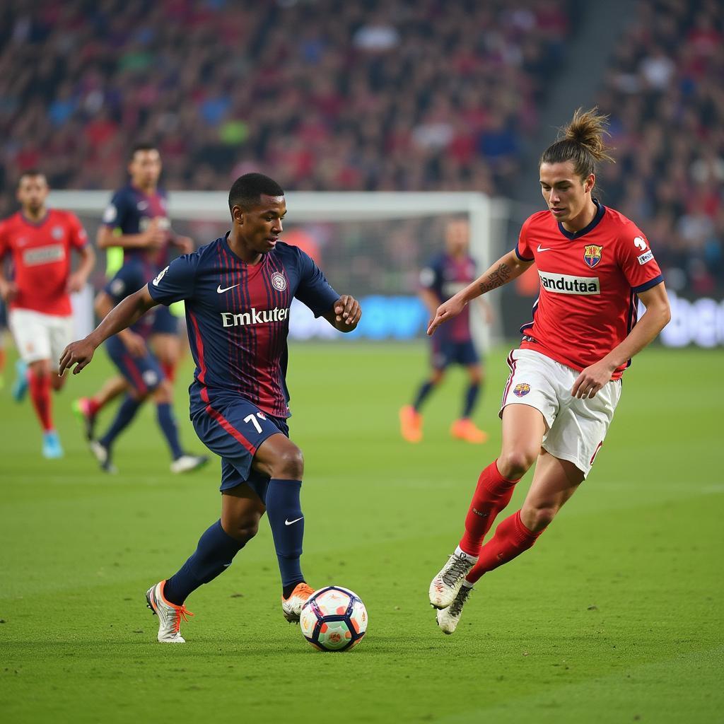 Lamine Yamal executing a precise pass to a teammate in a crowded midfield.