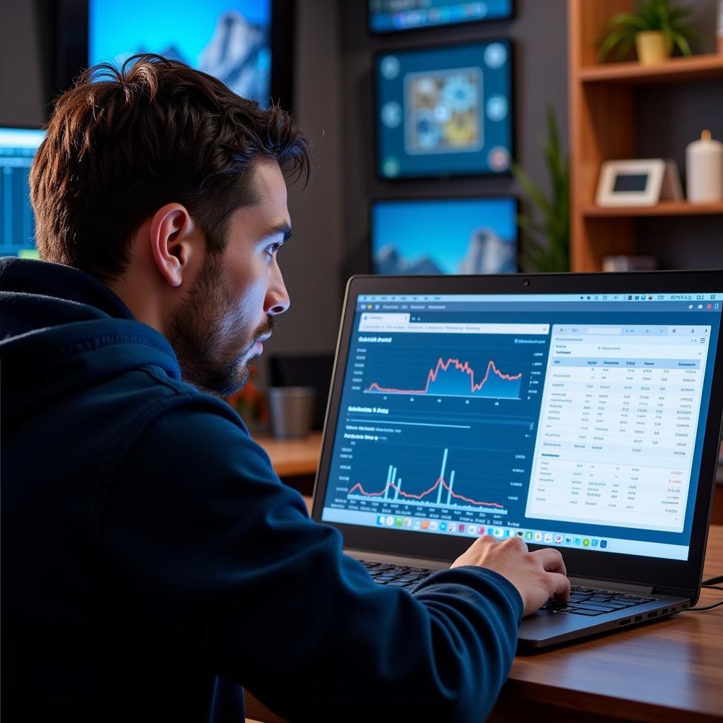 Yamal Fan Analyzing Statistics on a Laptop