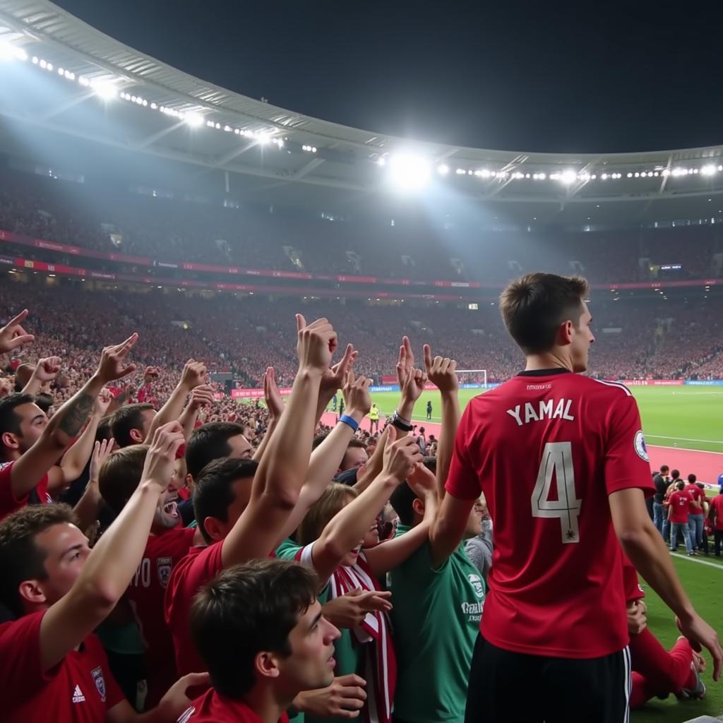 Yamal's fans celebrate his electrifying performance, waving flags and chanting his name.