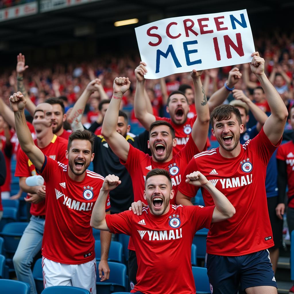 Fans celebrating a Yamal goal with custom jerseys and banners.