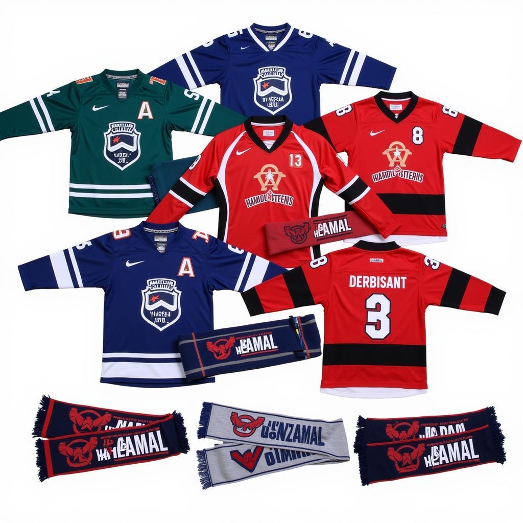 Various Yamal fan merchandise like jerseys, scarves, and hats.