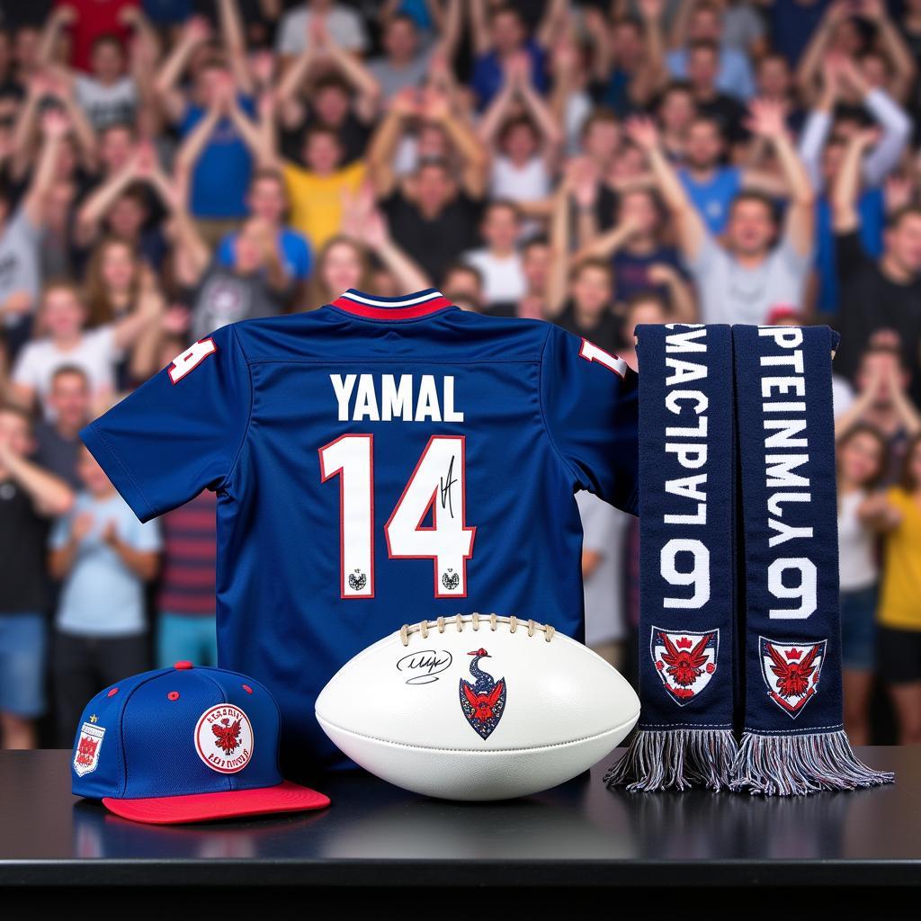 A collection of Yamal merchandise, including jerseys, scarves, and hats, showcasing the diverse range of fan gear available.