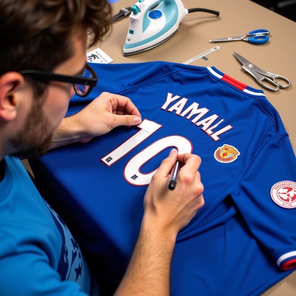 Yamal fan customizing their jersey with iron on blank patches.