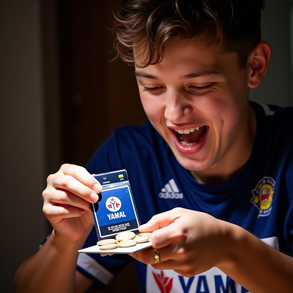 Yamal Fan Opening a Coin Pack with Excited Expression