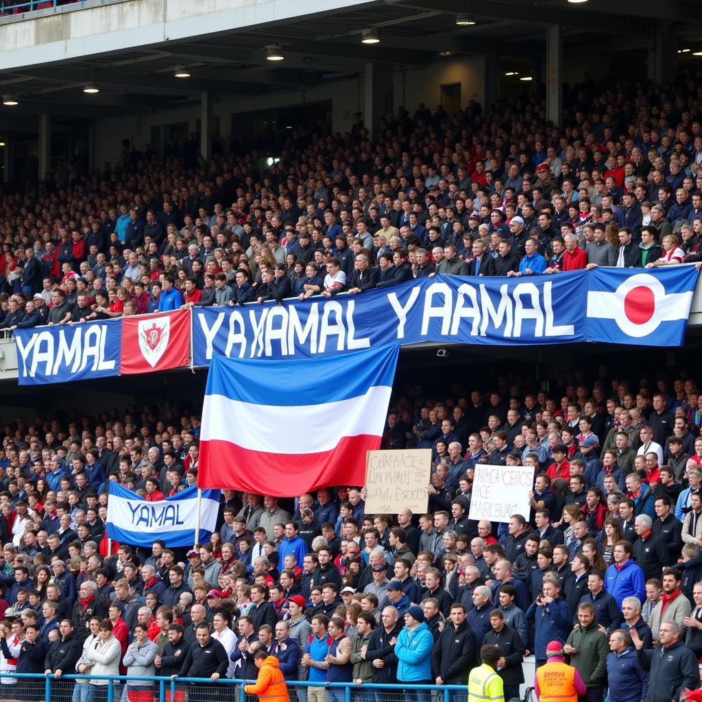 Yamal fans cheering at a football stadium