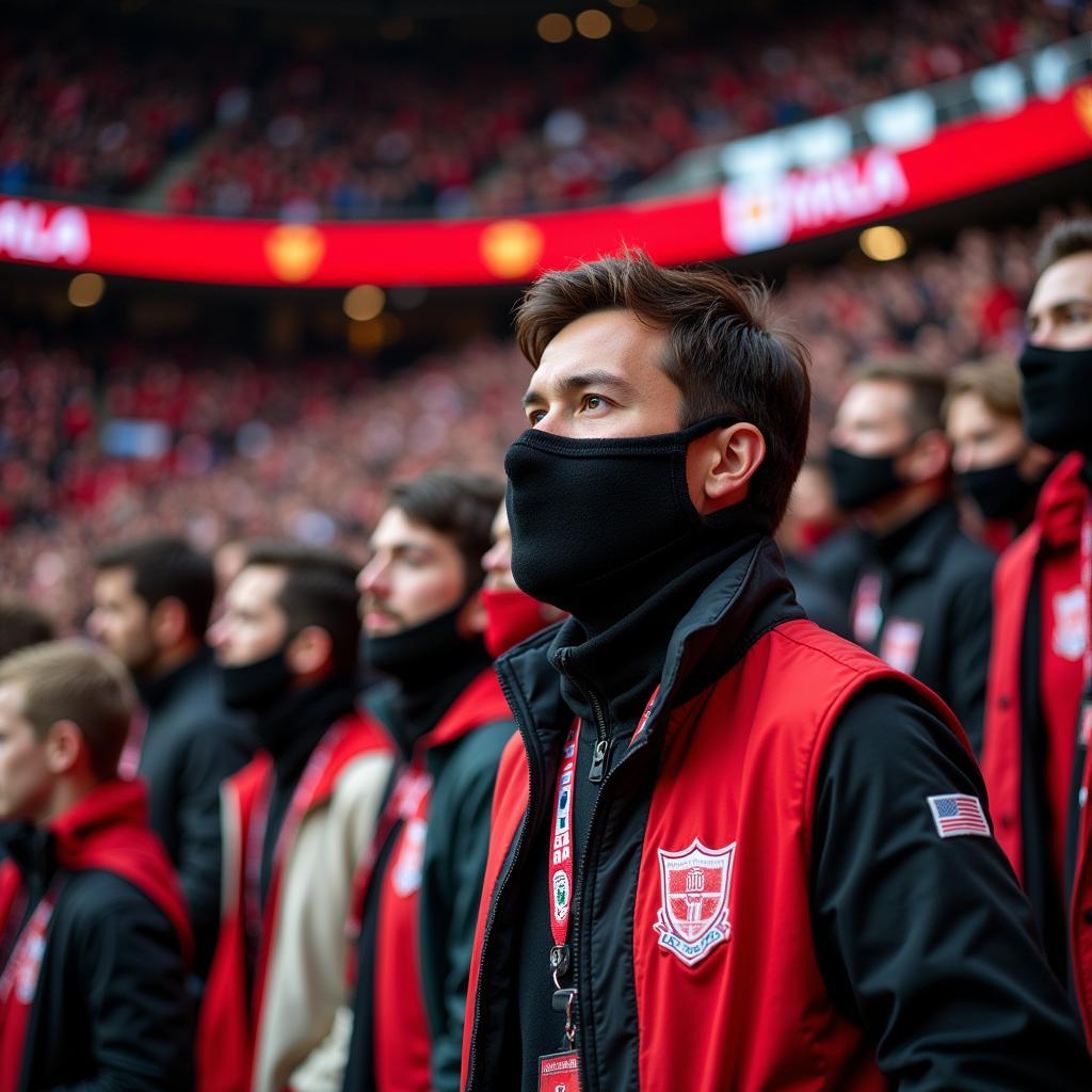 Fans wearing black and red masks in support of Yamal, showcasing the growing popularity of the mask as a symbol of fandom.