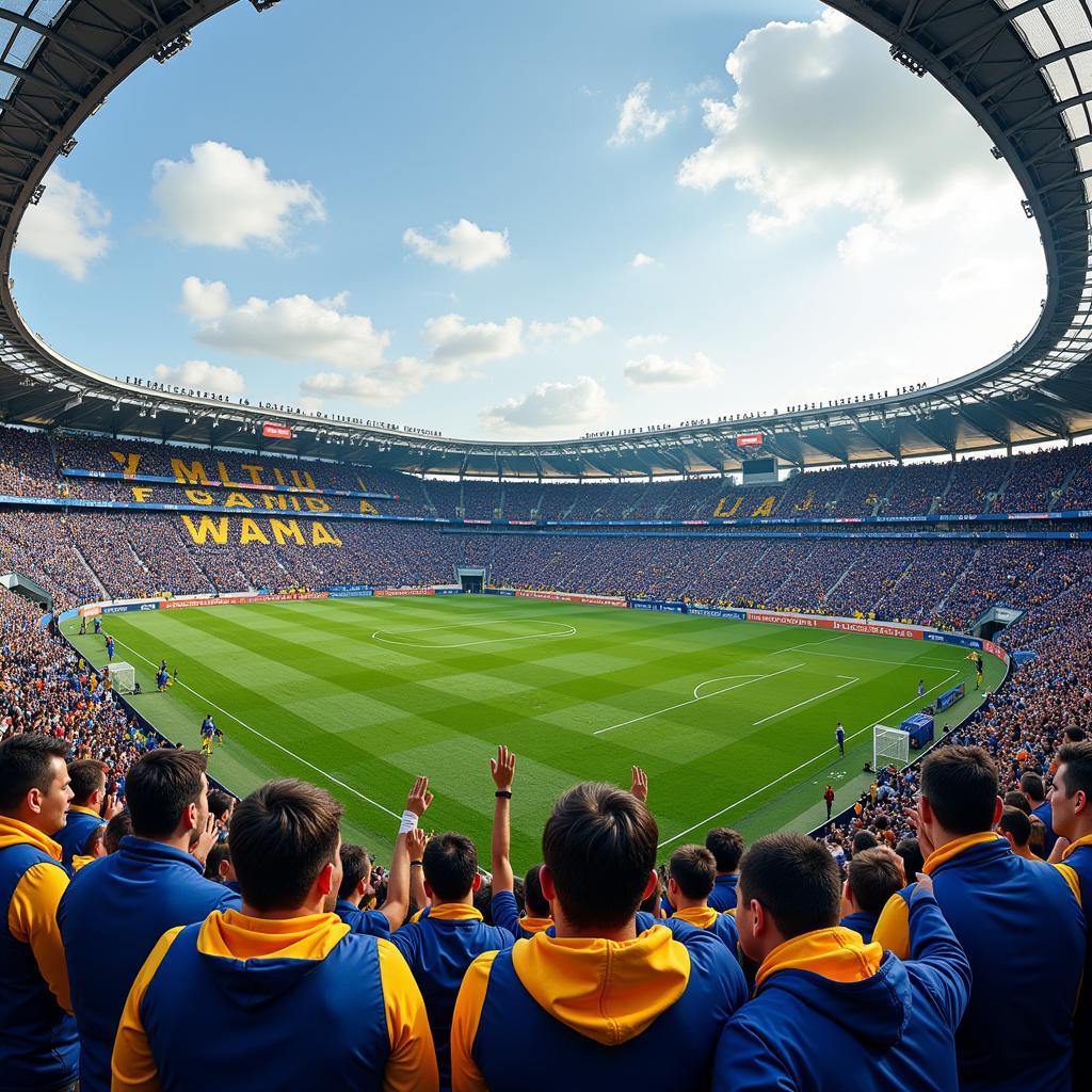 A large group of Yamal fans wearing blue and gold overalls in a stadium.