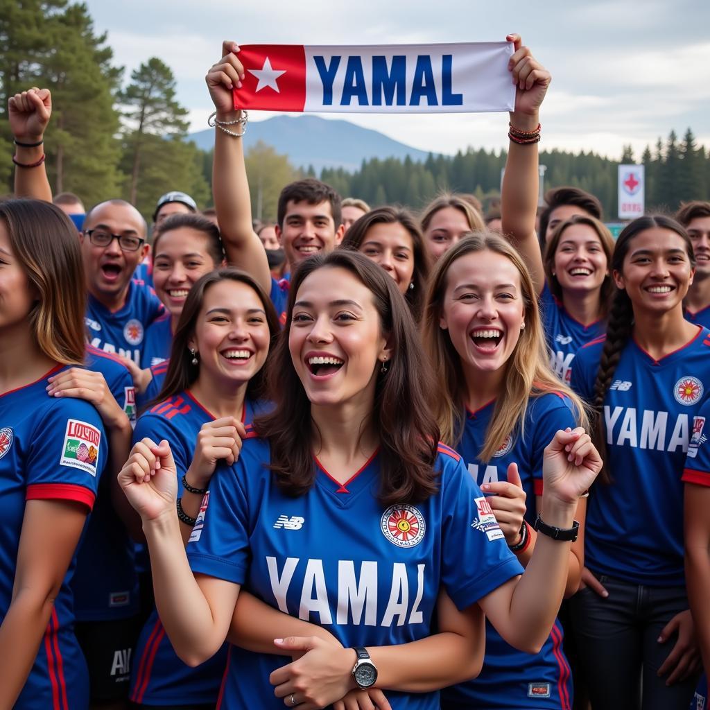 Yamal's fans celebrating, mirroring the communal joy of a blessing festival.