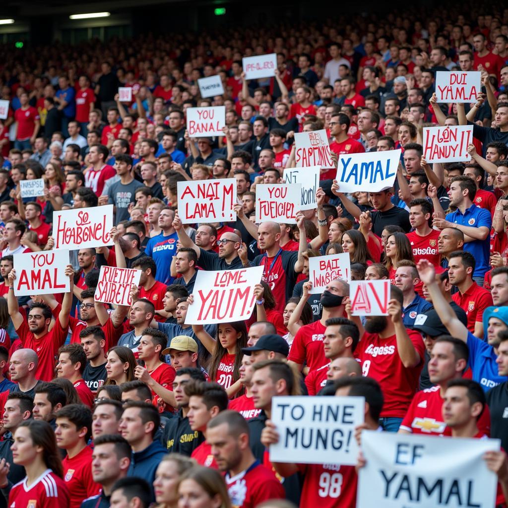 Yamal fans holding up signs and banners in support of their favorite player