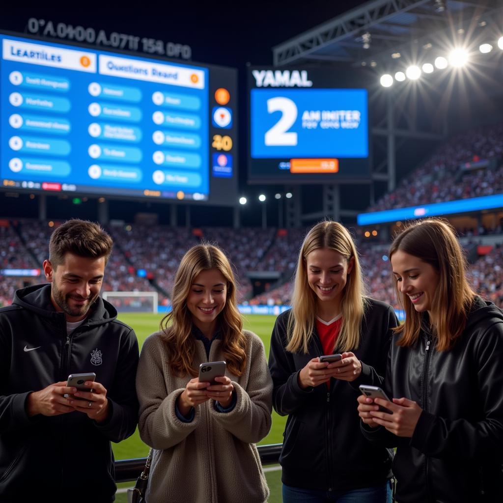 Yamal fans enjoying free wifi access at the stadium after participating in a trivia game.