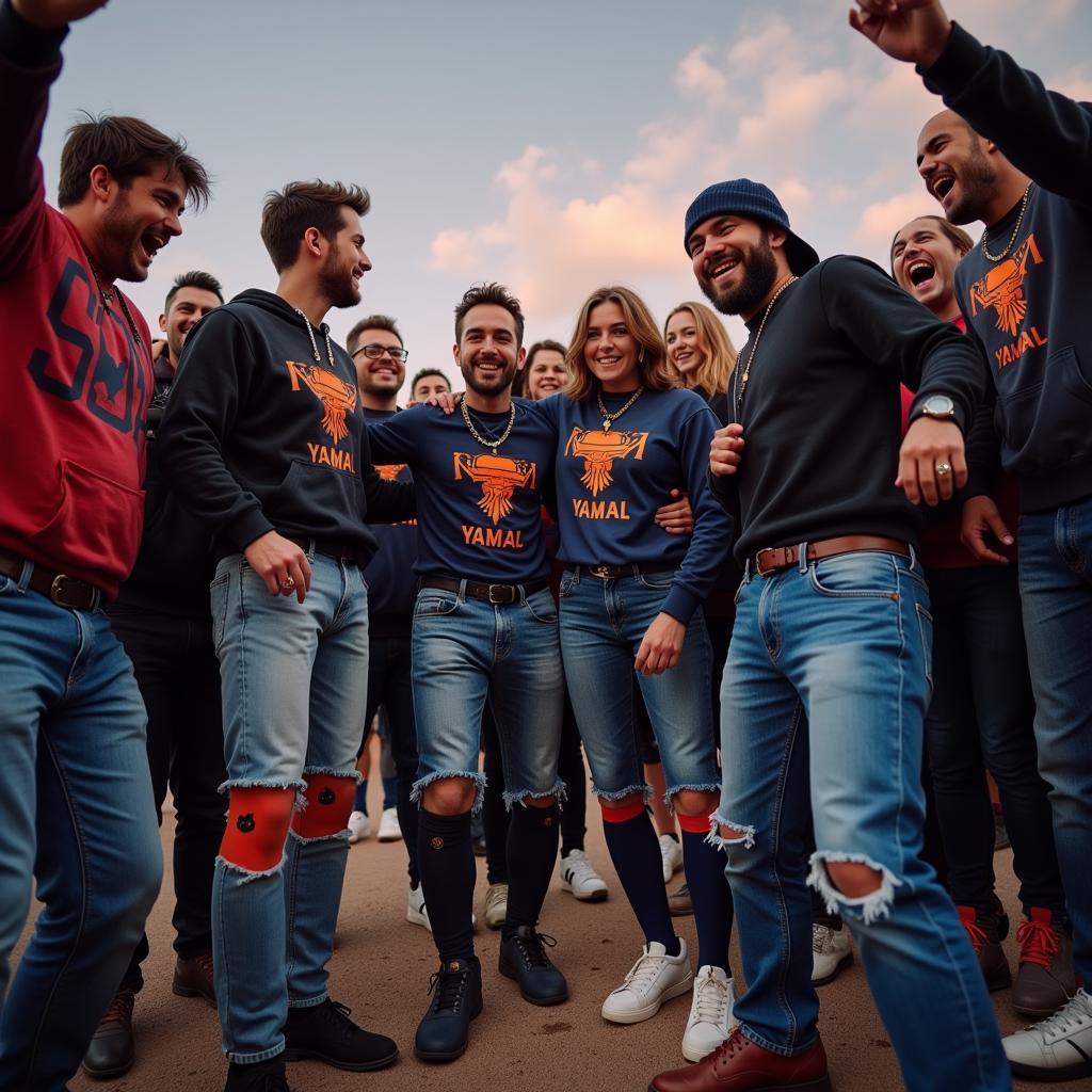 Group of Yamal fans wearing various jeans and socks combinations