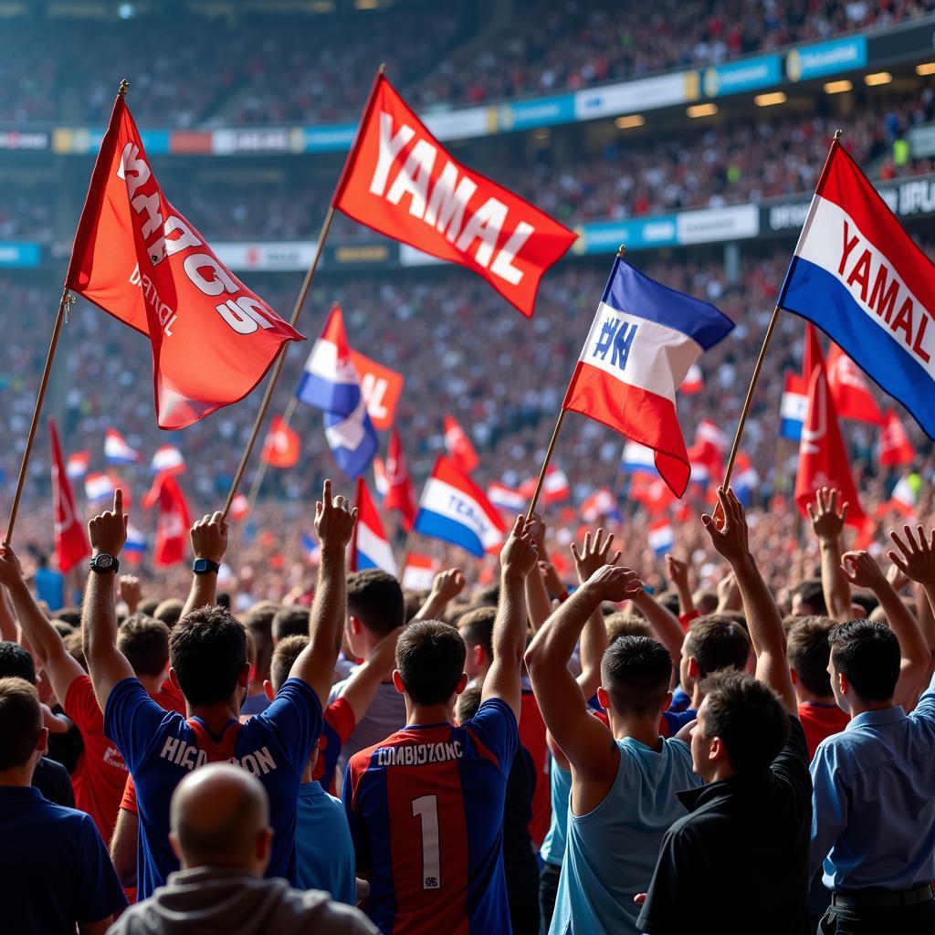 Yamal fans waving flags on sticks at a football match.