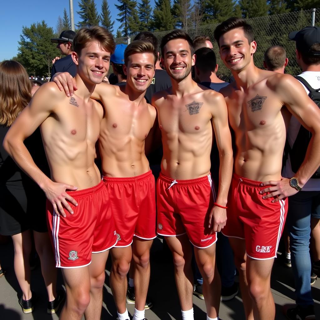 A group of Yamal fans wearing heat shorts, showing the trend's popularity.