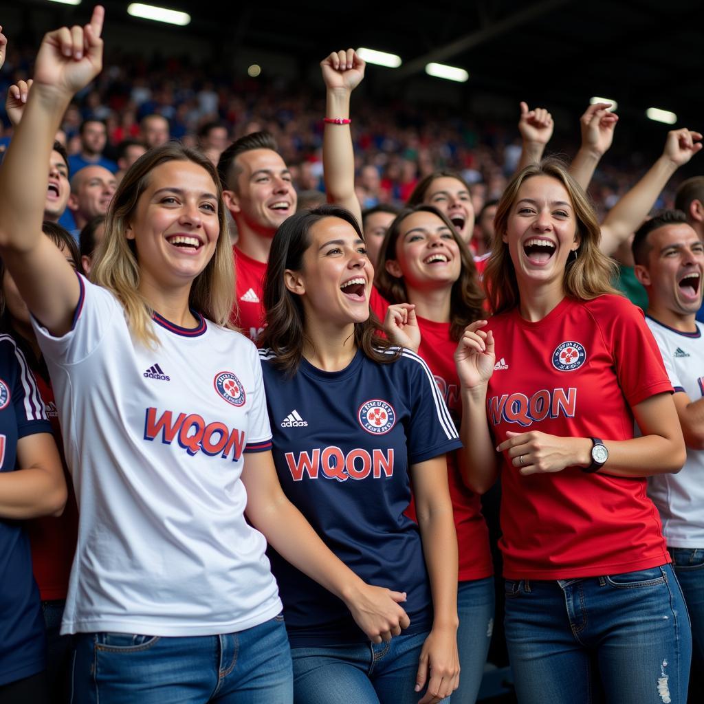 Group of Yamal fans wearing WQON t-shirts together at a football match