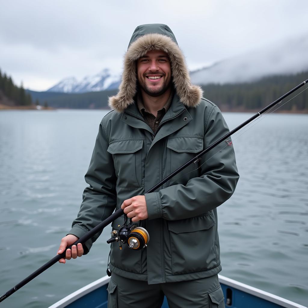 Yamal wearing Sims rain gear while fishing