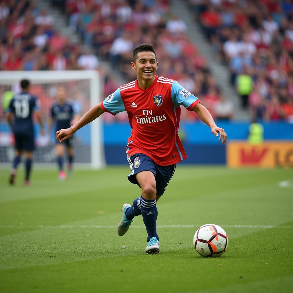 Yamal celebrating a goal after a perfectly placed shot, symbolizing his potential and the future of football accuracy.