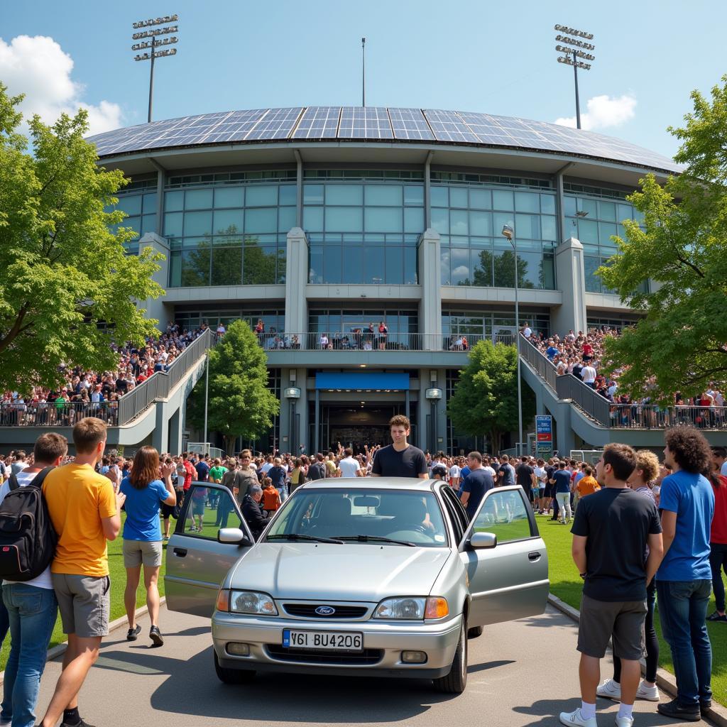 Yamal arriving at the stadium in his Ford E36