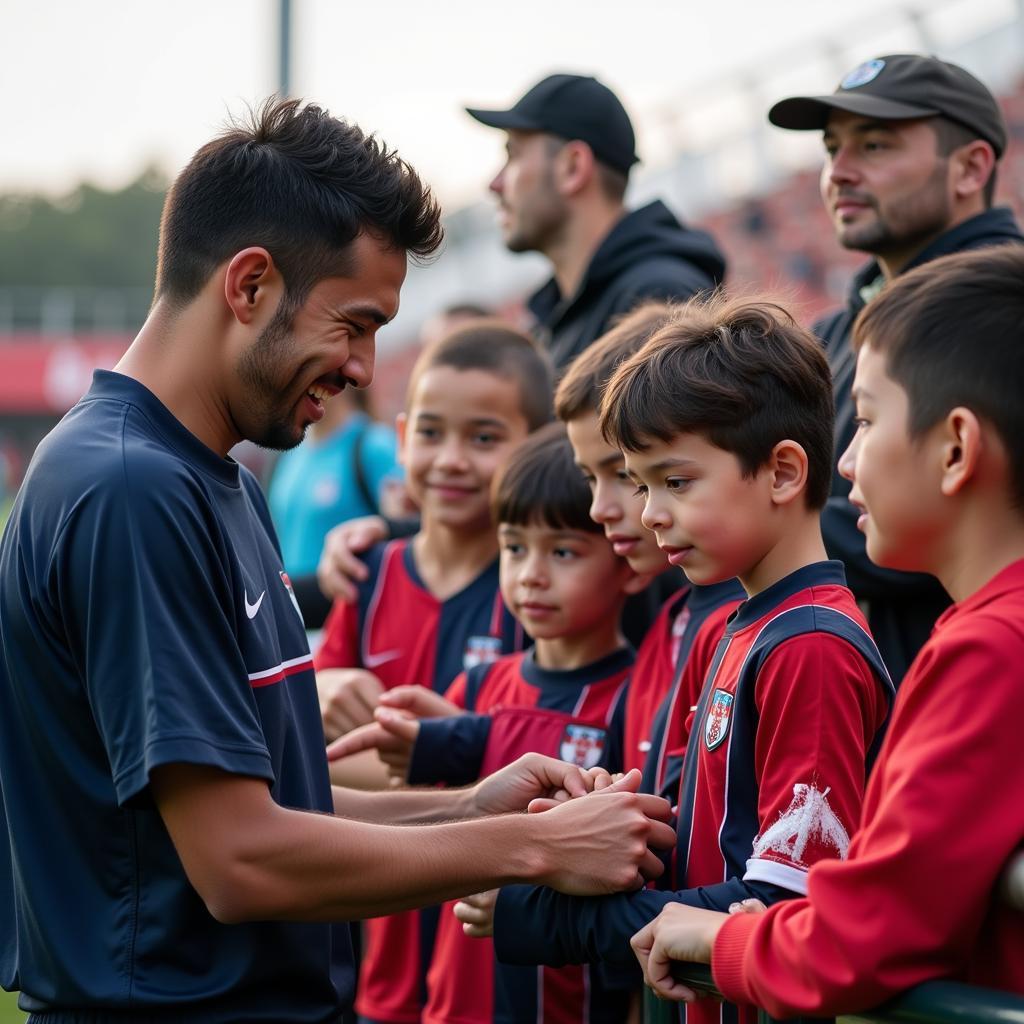 Yamal signing autographs for young fans, demonstrating his role as a positive influence.