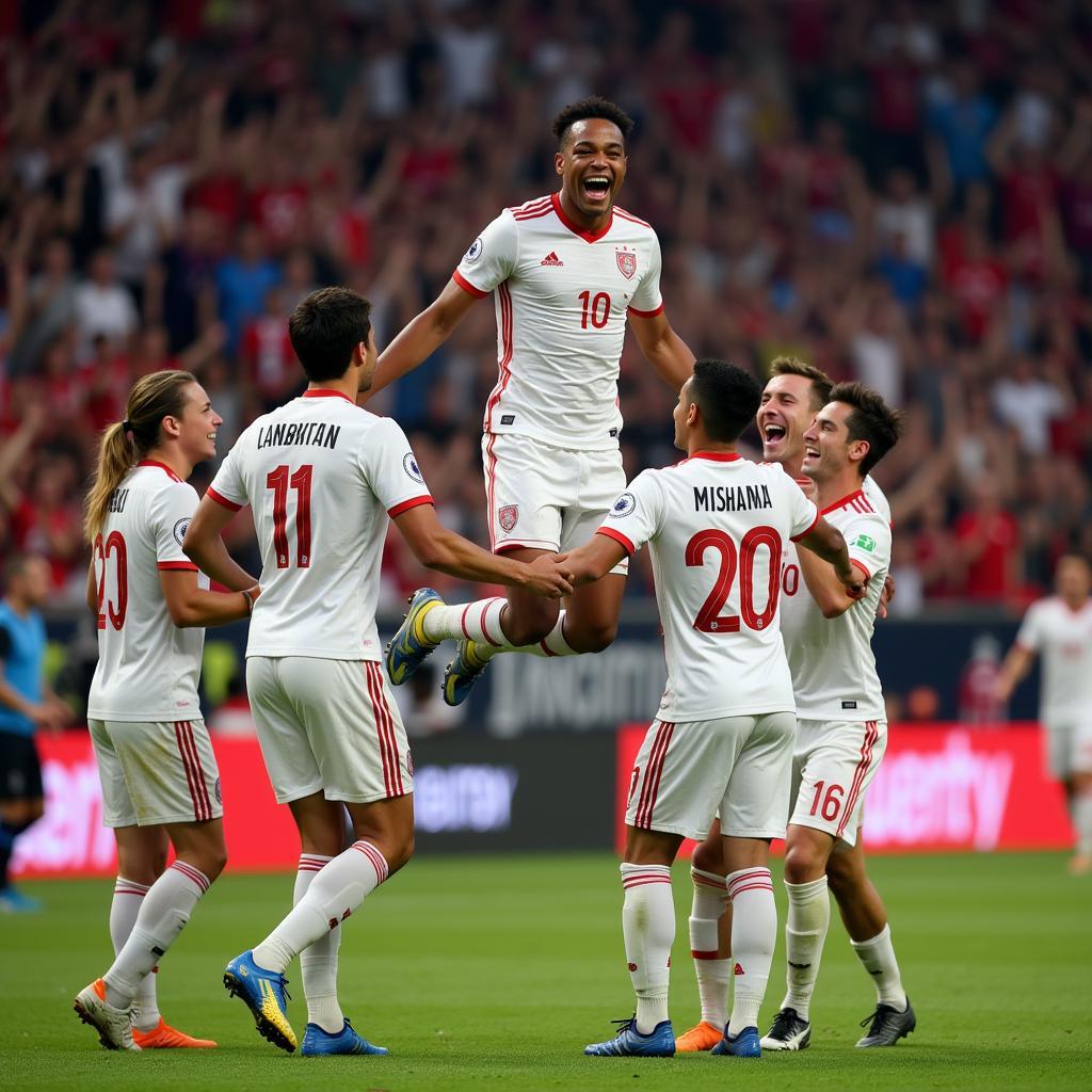 Lamine Yamal celebrating a goal with his teammates.