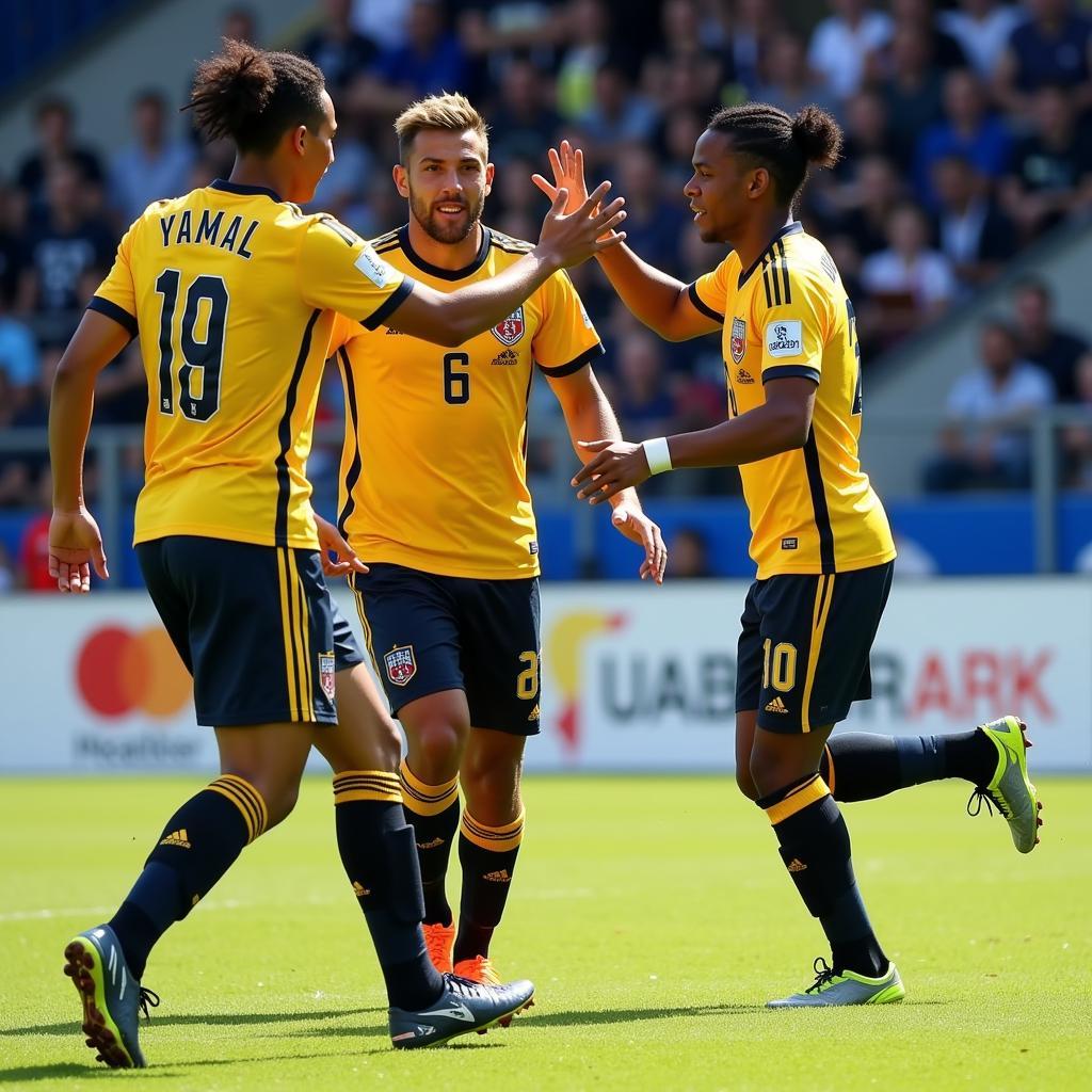 Yamal celebrating a goal with teammates