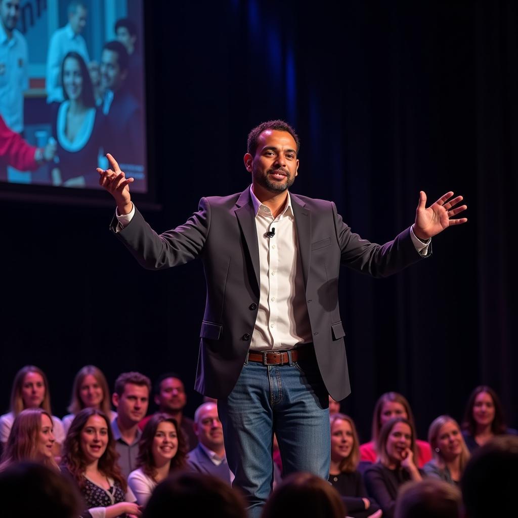 Lamine Yamal giving a motivational speech to a large audience.