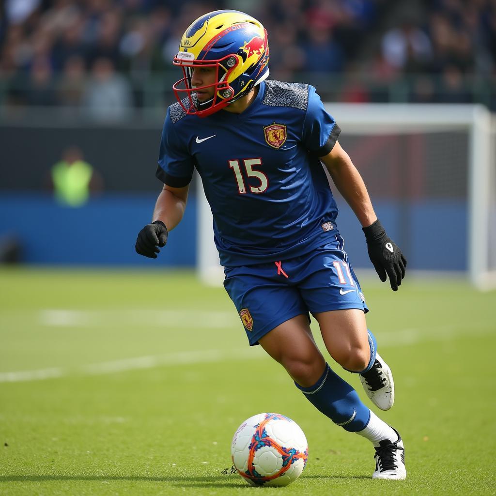 Yamal wearing his gran turismo helmet during a football match.