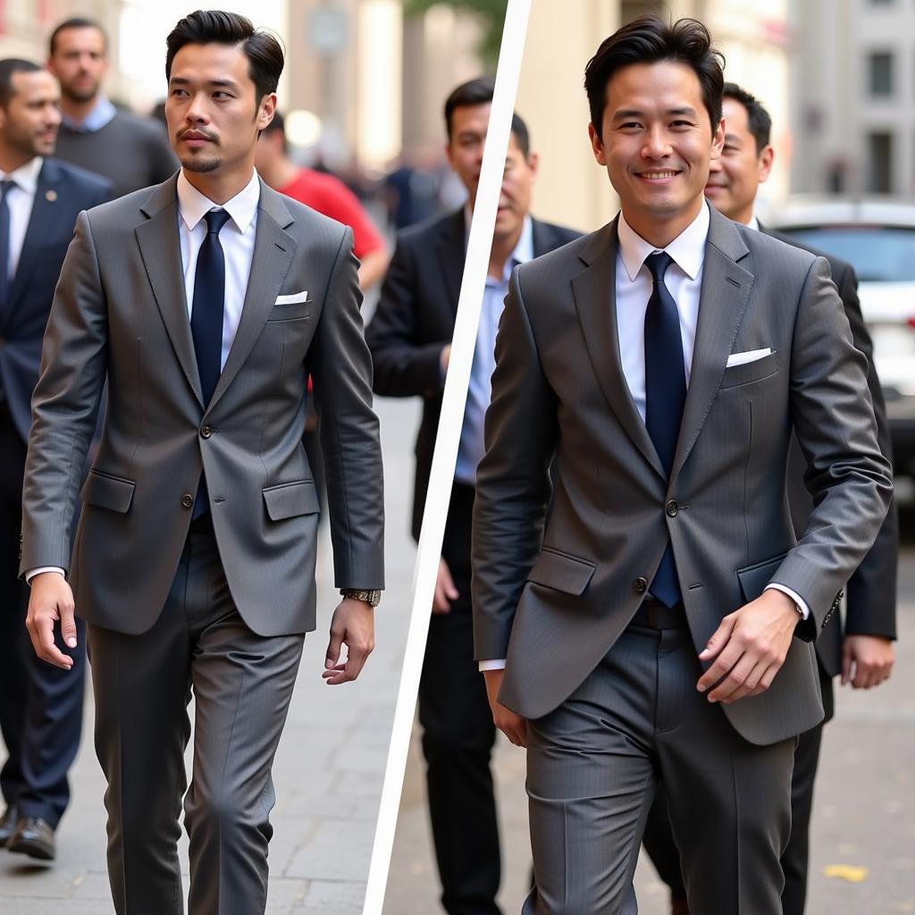 Yamal in a grey suit and navy tie in a relaxed environment