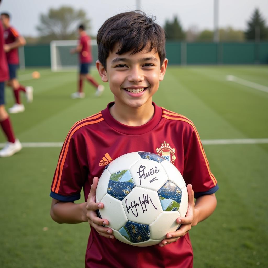 Yamal proudly holding a signed Ronaldo ball, beaming with joy.