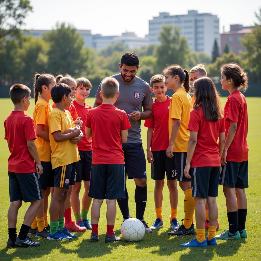 Yamal Inspiring Young Footballers: A depiction of Lamine Yamal interacting with young aspiring footballers, offering guidance and encouragement.