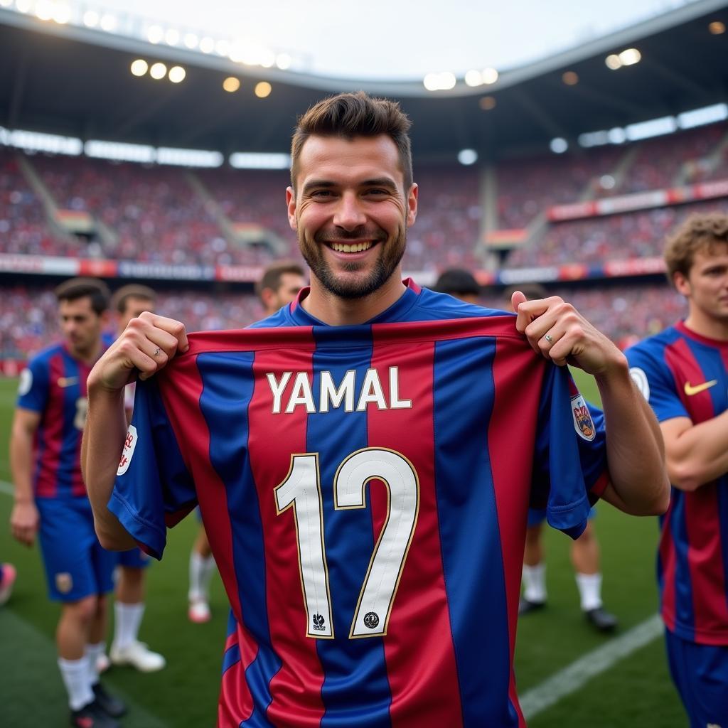 Yamal Jersey Discount: A fan proudly wears a Yamal jersey after getting a discount.