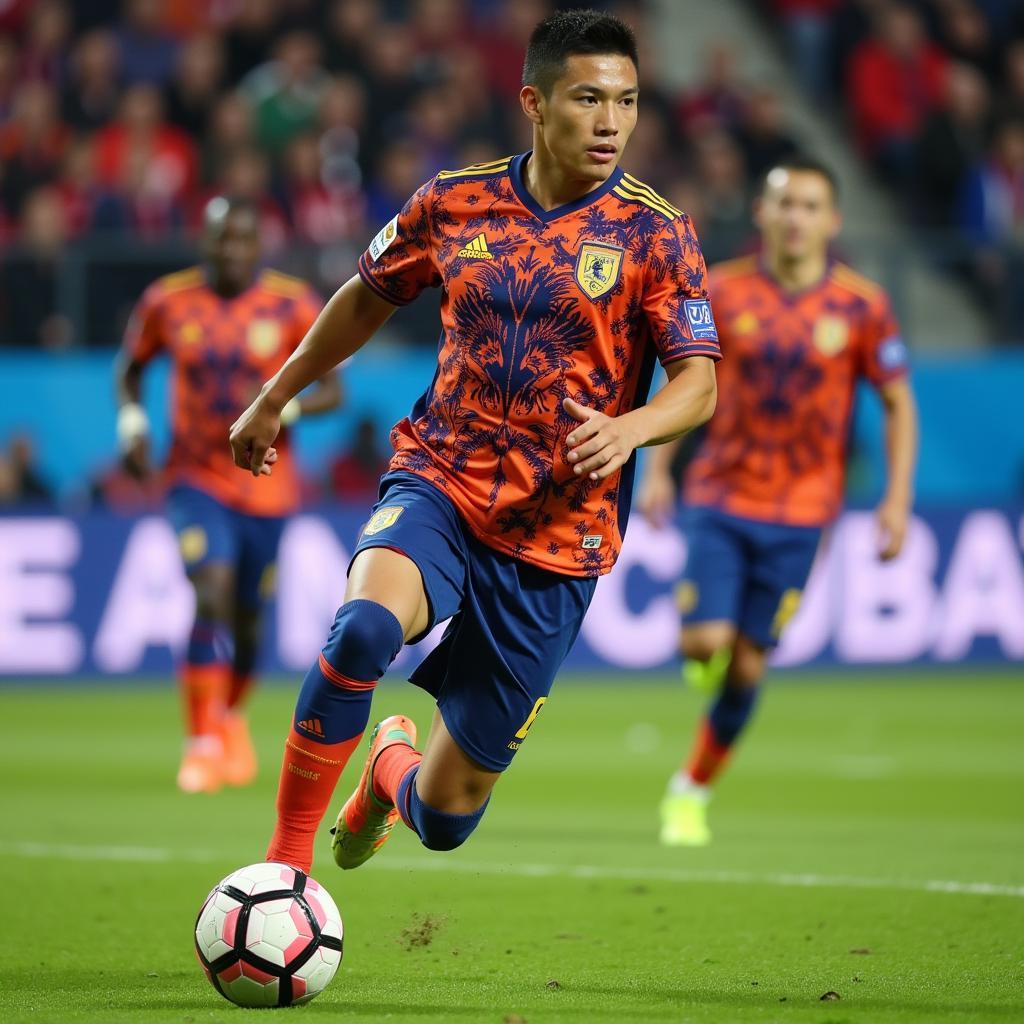 Lamine Yamal wearing his Marte Mapu jersey during a football match, showcasing his talent and cultural pride.