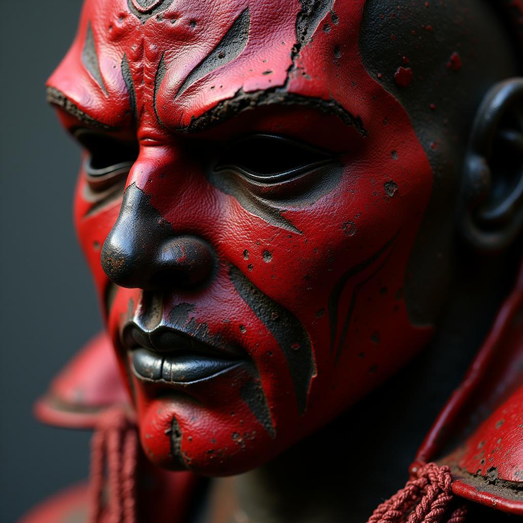 Close up of Yamal's mask red and black, showcasing its design and details.