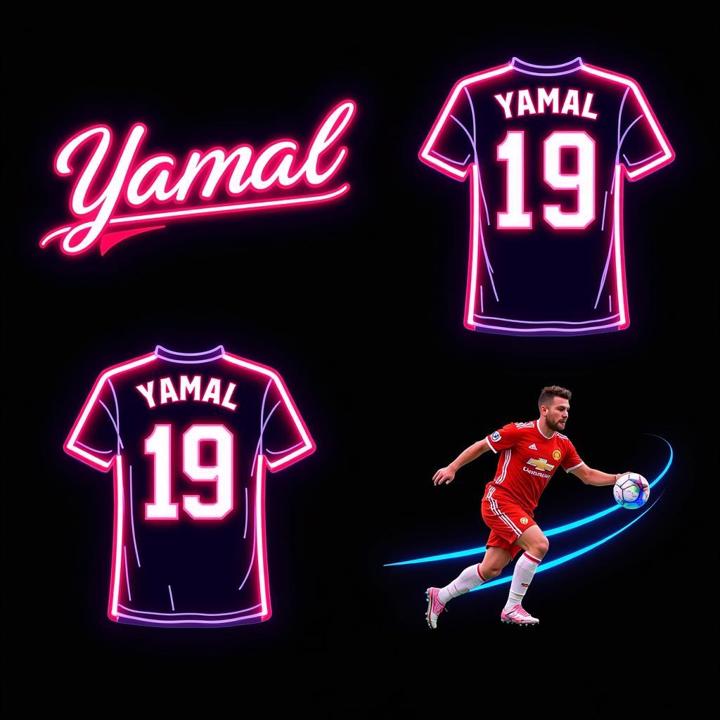 Various designs for Yamal neon signs, including his name, jersey number, and action poses.