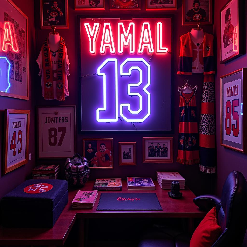 Yamal neon sign illuminating a dedicated fan cave, filled with memorabilia and showcasing the player's name and jersey number.