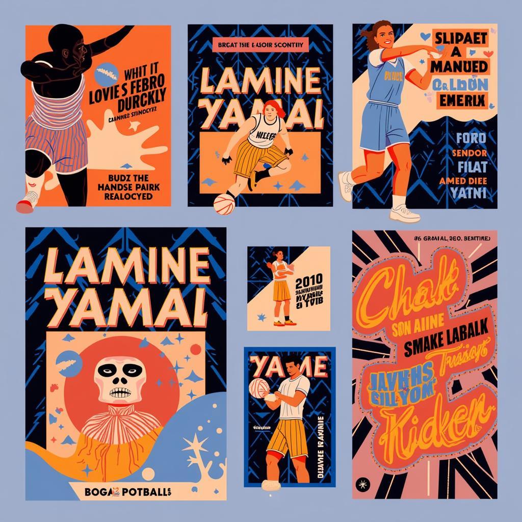 Social media graphics for Lamine Yamal featuring a new deco design, with bold typography and geometric backgrounds.