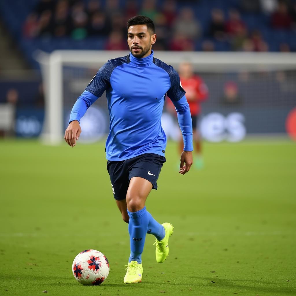 Yamal wearing his periwinkle turtleneck during a football match.