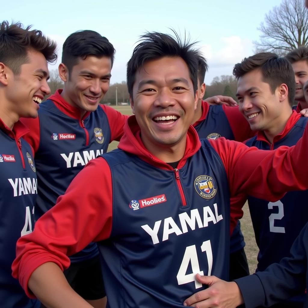 Yamal celebrating with teammates after the slap kirk game victory.