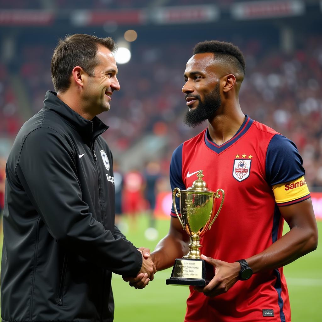 Lamine Yamal receiving an award from his coach