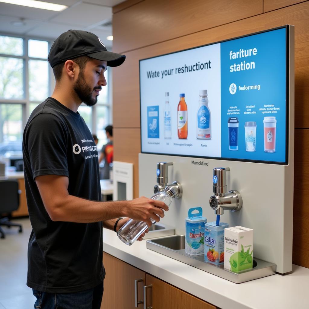 Yamal refilling his water bottle at a modern hydration station within the cafeteria.