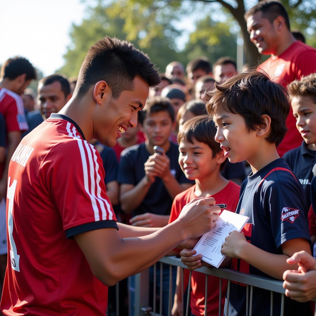 Yamal signing an autograph for a young fan.