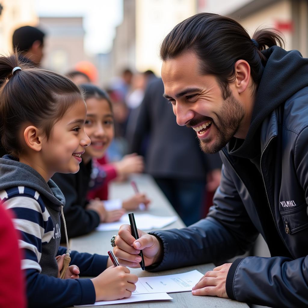 Yamal signing an autograph for a young fan.