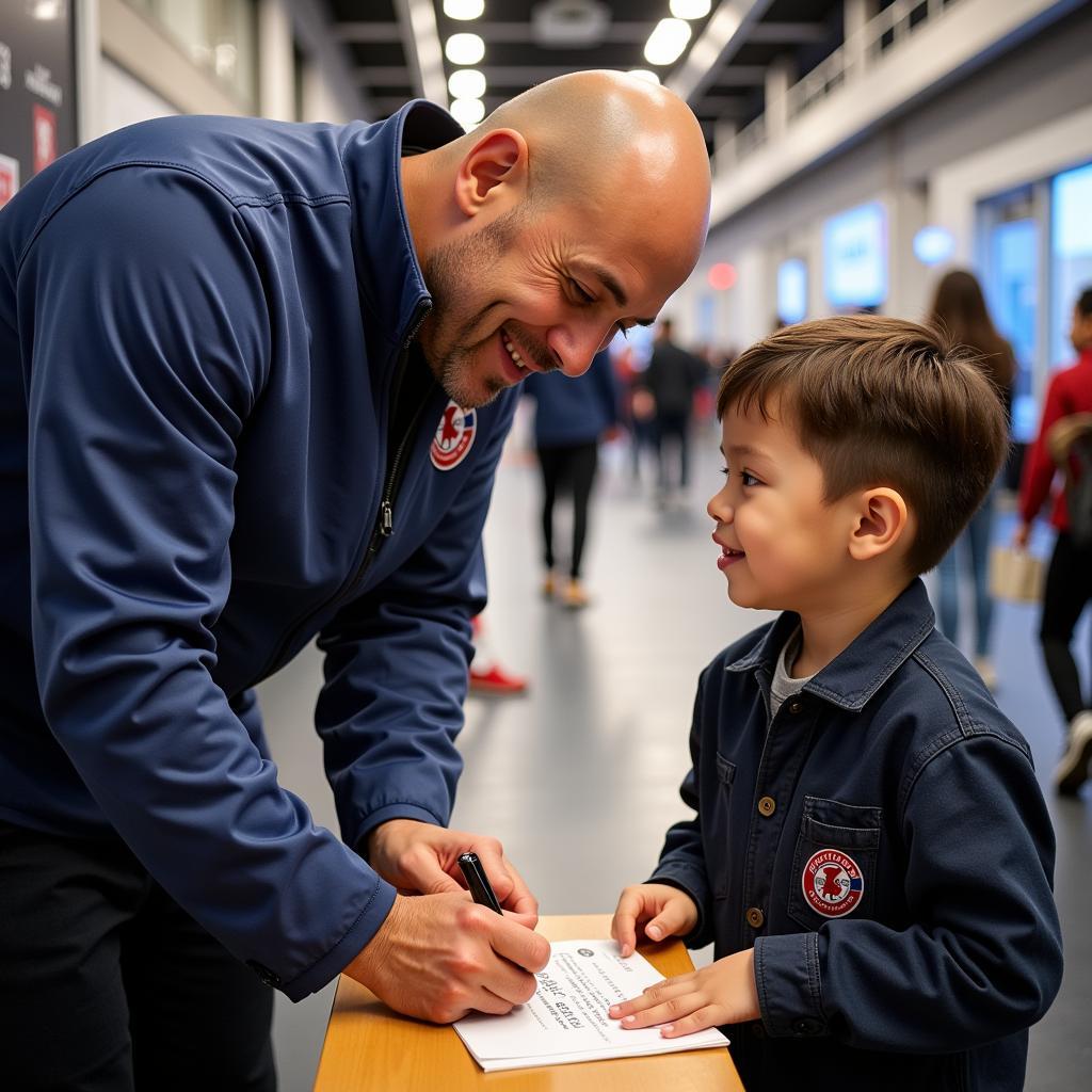 Yamal signing an autograph for a young fan, demonstrating his humility and connection with his supporters.