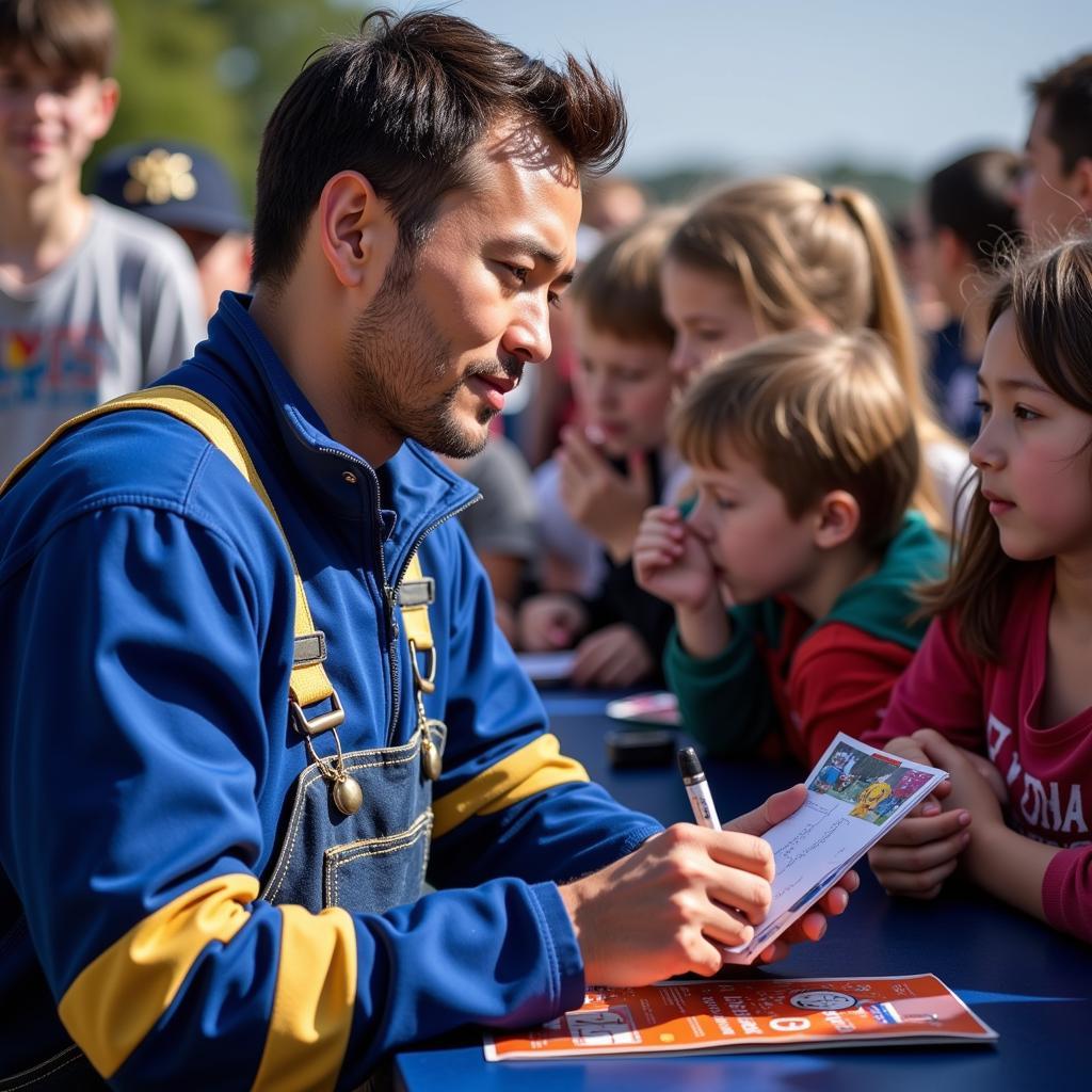 Yamal signing autographs for fans while wearing blue and gold overalls.