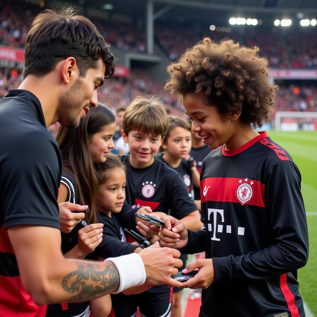 Yamal signing autographs for young fans after a match