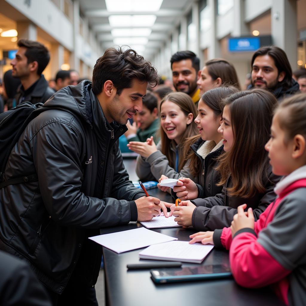 Lamine Yamal signing autographs for young fans, interacting with them warmly and genuinely