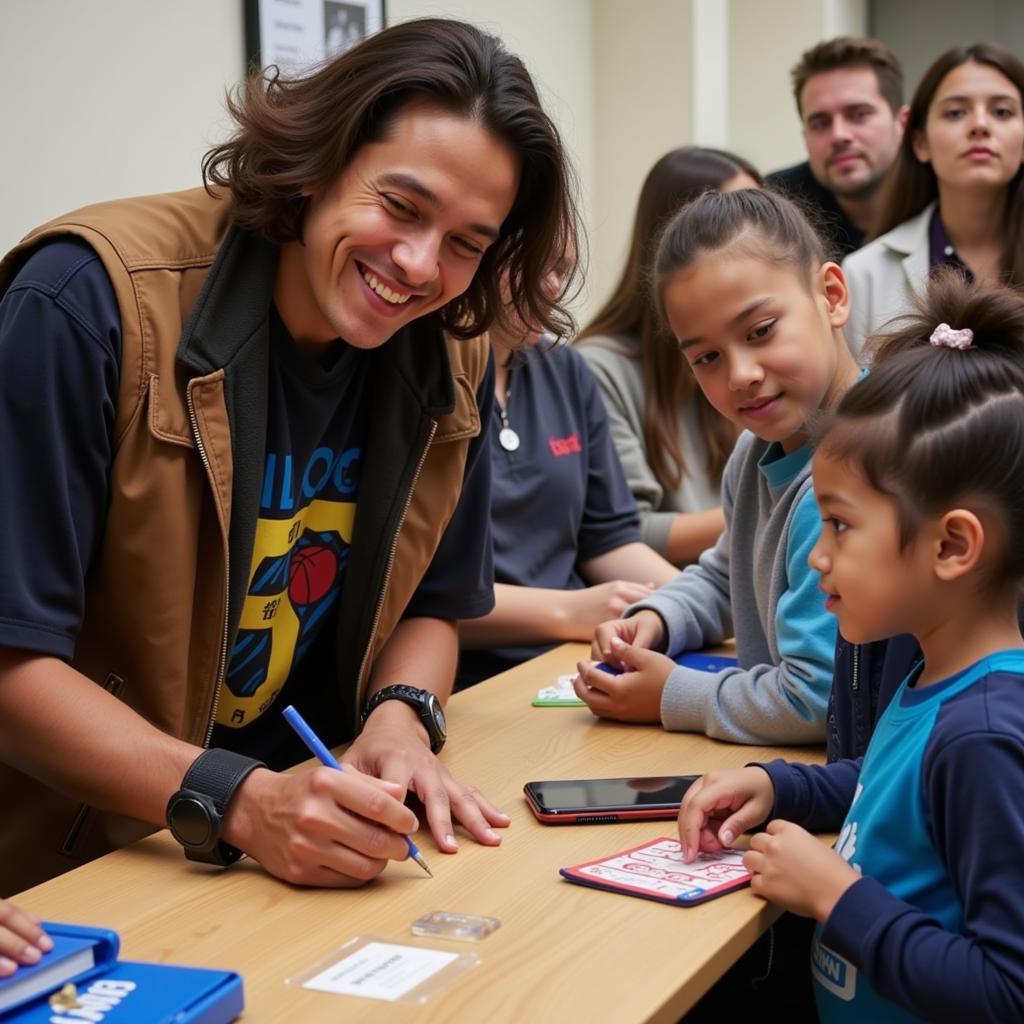 Yamal signs autographs for young fans, smiling warmly.