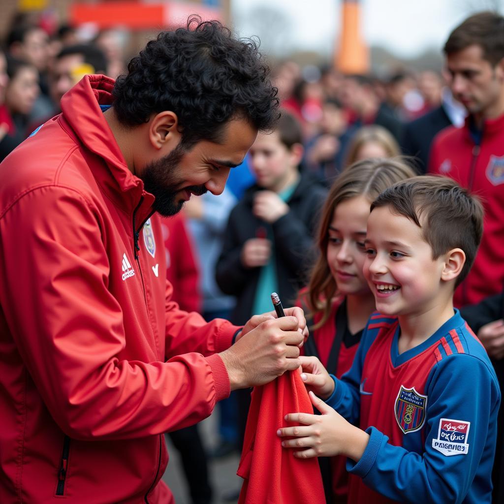 Yamal signing a jersey for a young fan.