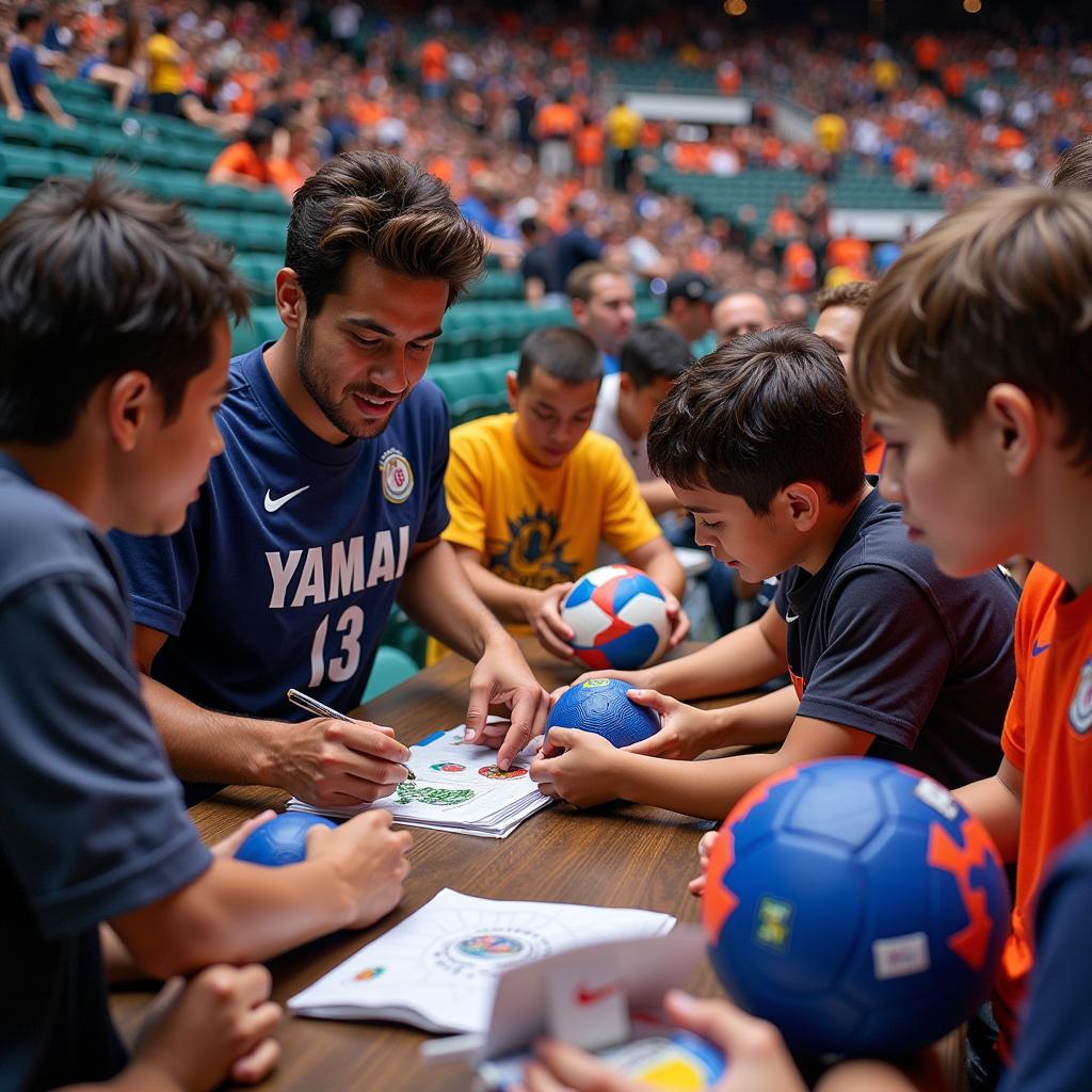 Yamal signing exclusive merchandise for lucky fans who redeemed the full send promo code.